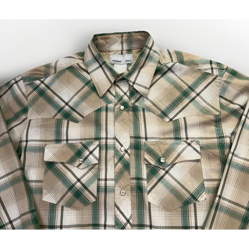 Wrangler Rodeo Wrancher Tan Green Plaid Shirt Pearl Snaps Long Sleeves Cotton L - Picture 3 of 7